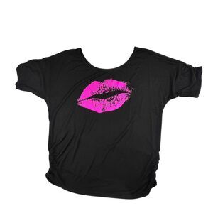 Retro 80s Top XL Black Graphic Pink Lips Rock and Roll Party Edgy Statement Tee